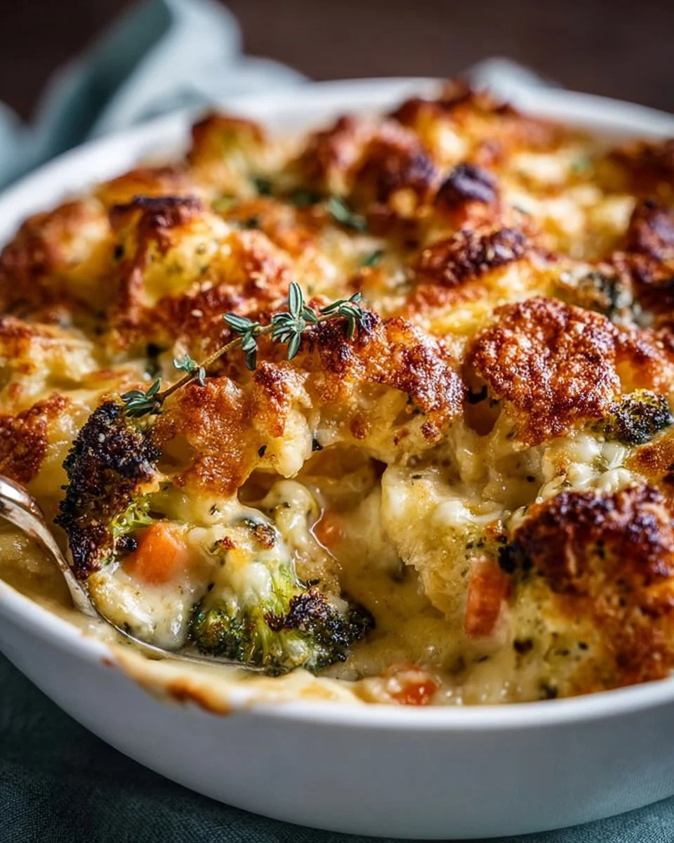 Creamy winter vegetable casserole topped with cheese and herbs