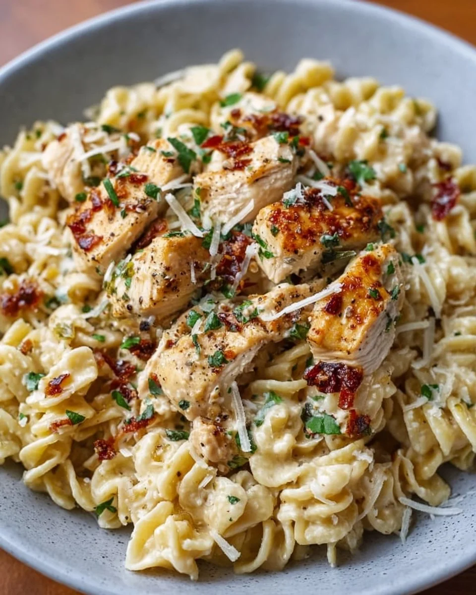 Crockpot Garlic Parmesan Chicken Pasta in a creamy sauce with herbs