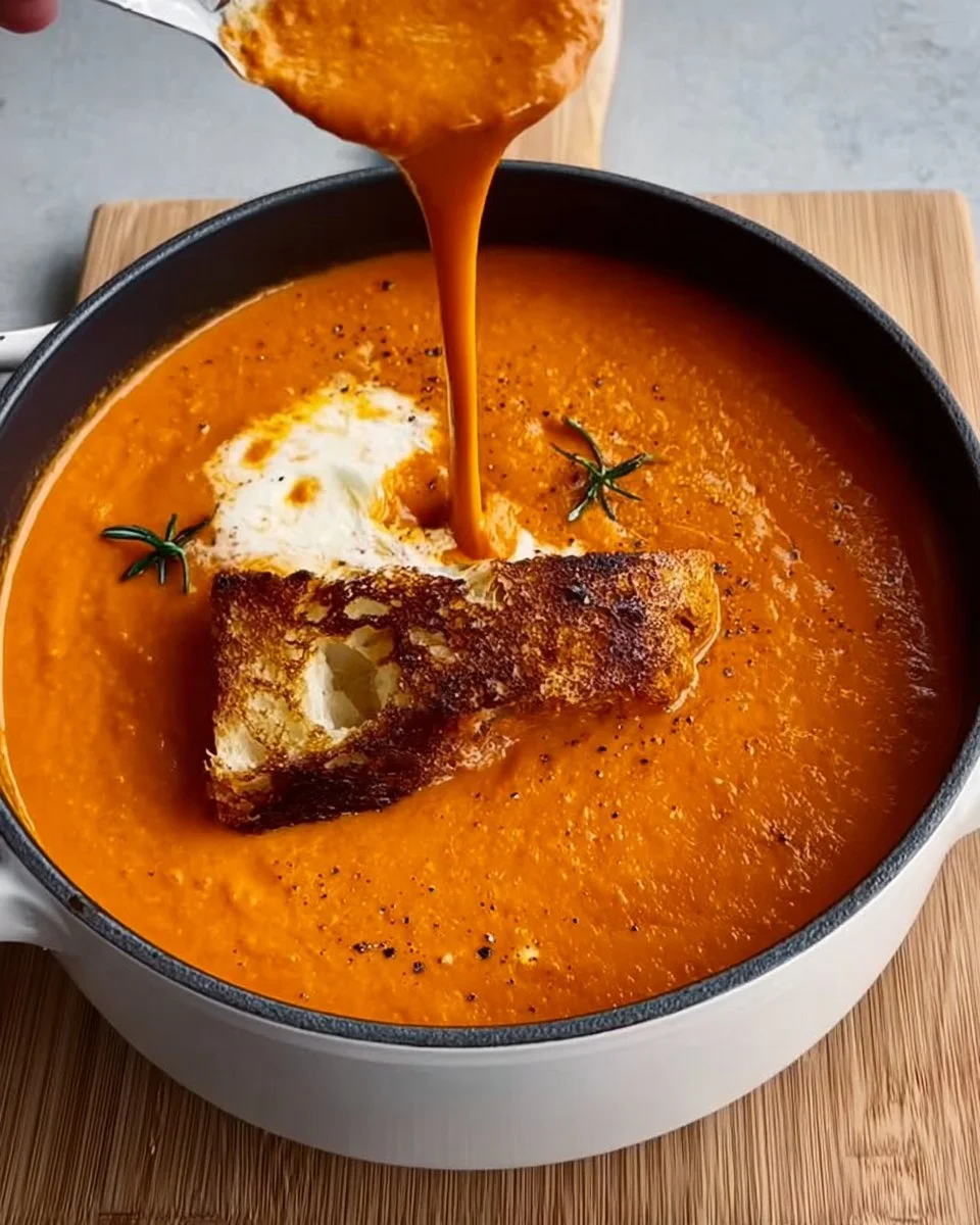 Easiest tomato soup garnished with basil leaves in a white bowl