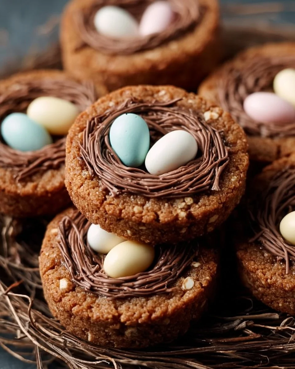 Easter Birds Nest Cookies with candy eggs on a festive plate