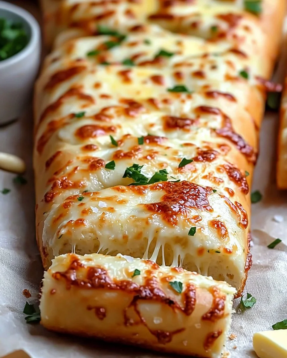 Plate of easy cheesy garlic bread with melted cheese and garlic garnish