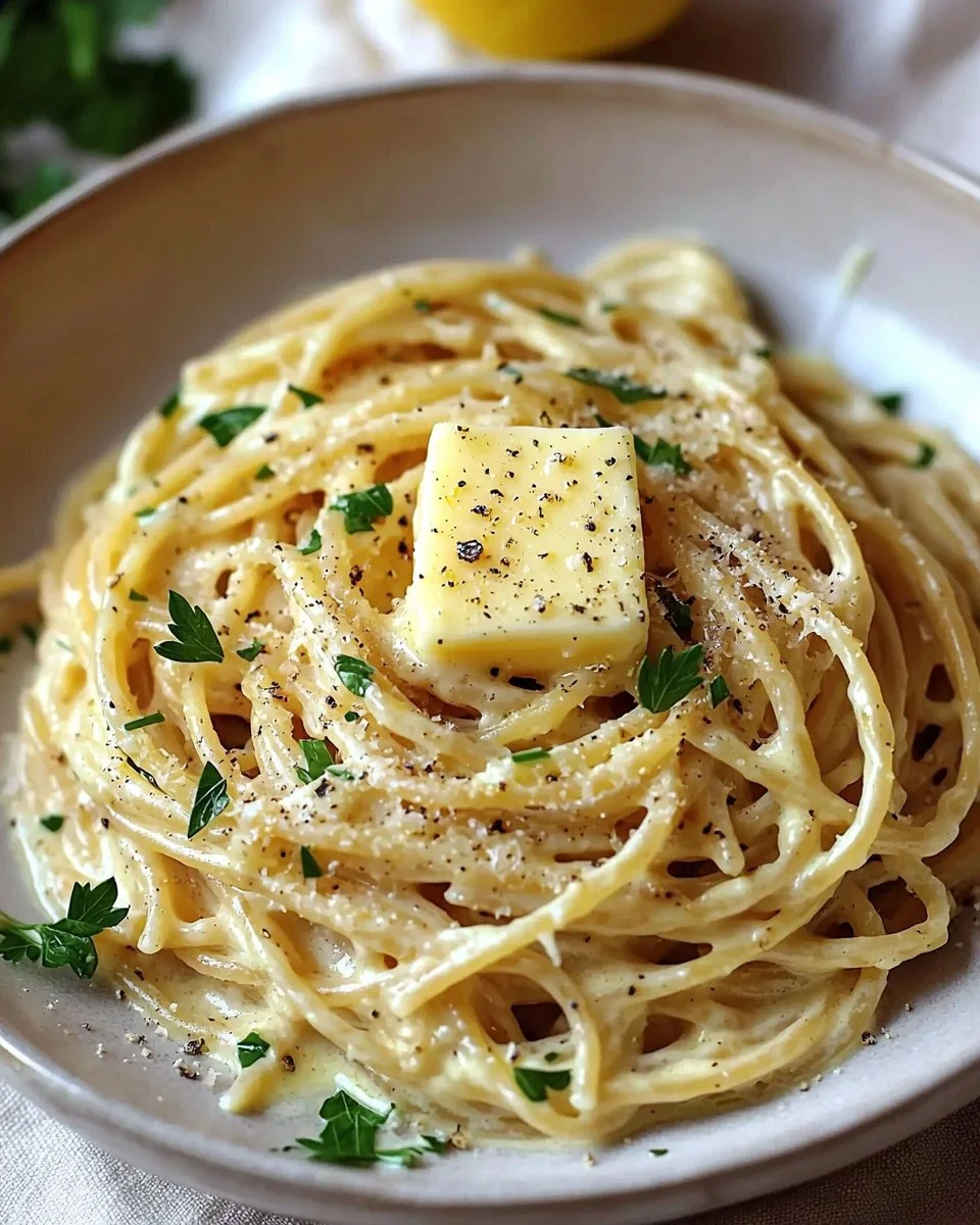 Creamy lemon garlic sauce on pasta garnished with herbs
