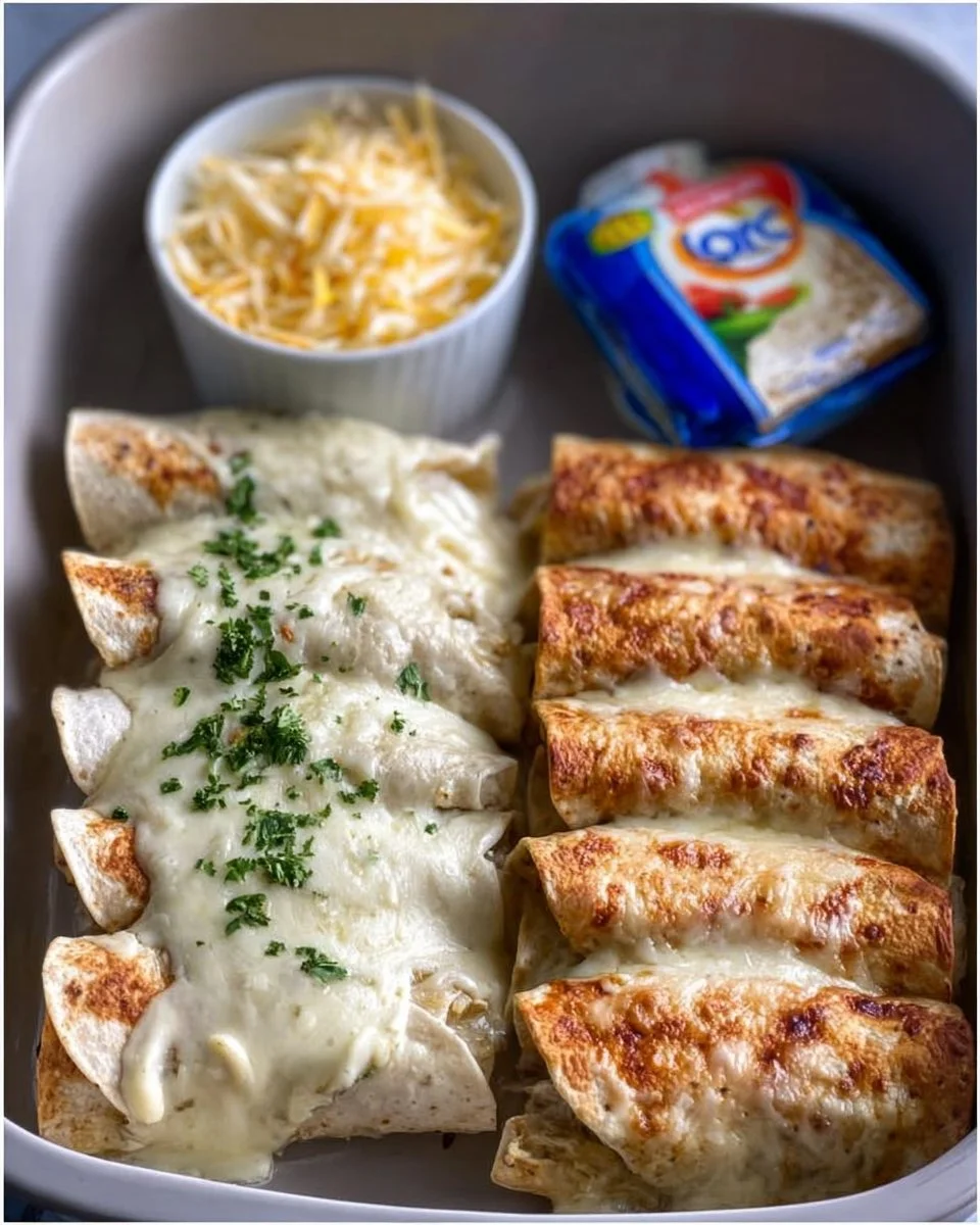 Creamy white chicken enchiladas topped with cheese and cilantro
