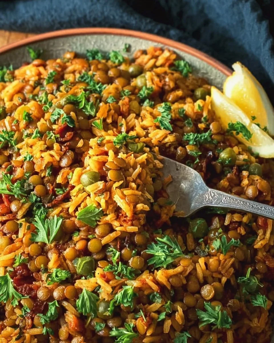 Plate of Easy Mediterranean Lentils and Rice garnished with herbs