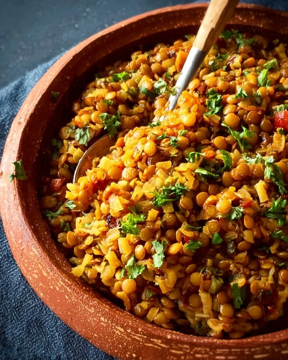 Easy Mediterranean lentils and rice dish, rich in flavor and nutrition.