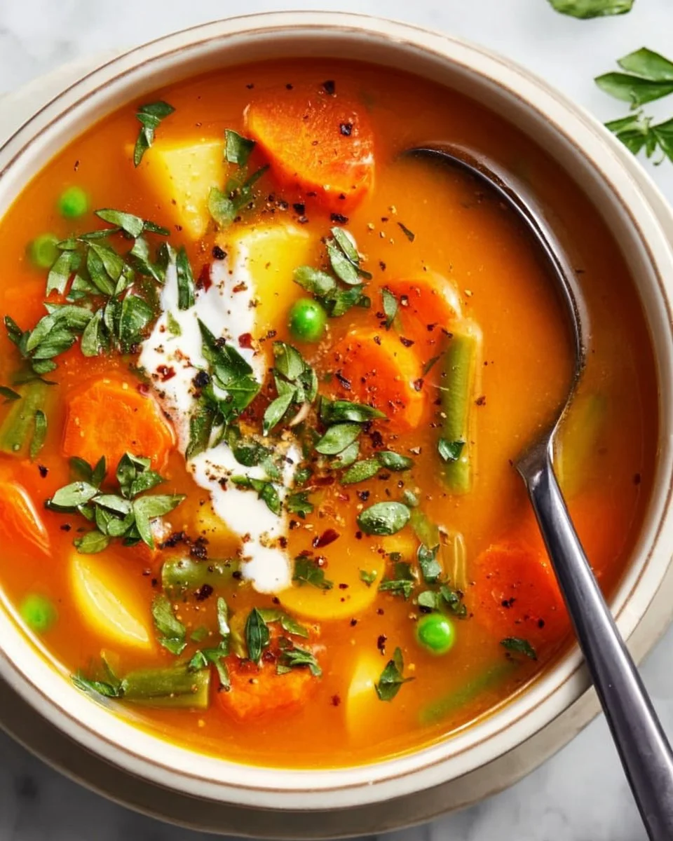 Bowl of easy vegetable soup with carrots, celery, and tomatoes