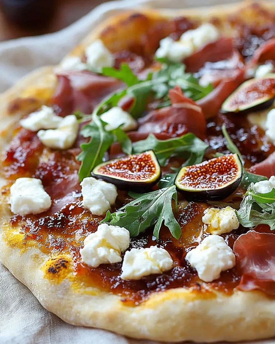 Fig Jam Pizza topped with goat cheese and prosciutto slice on a wooden board