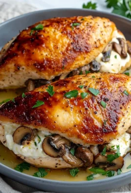 Mushroom stuffed chicken breast garnished with herbs on a plate