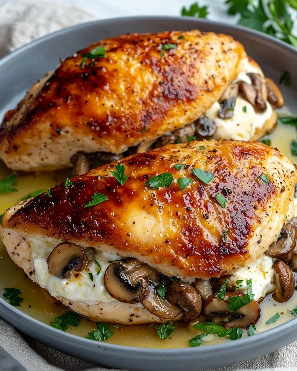 Mushroom stuffed chicken breast garnished with herbs on a plate