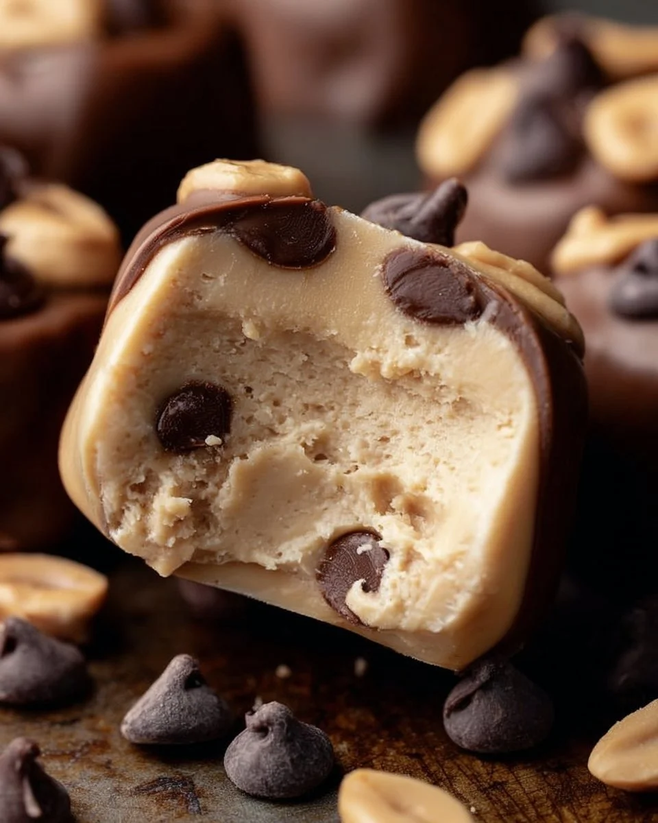 Frozen Greek yogurt peanut butter bites in a bowl topped with peanuts and chocolate.