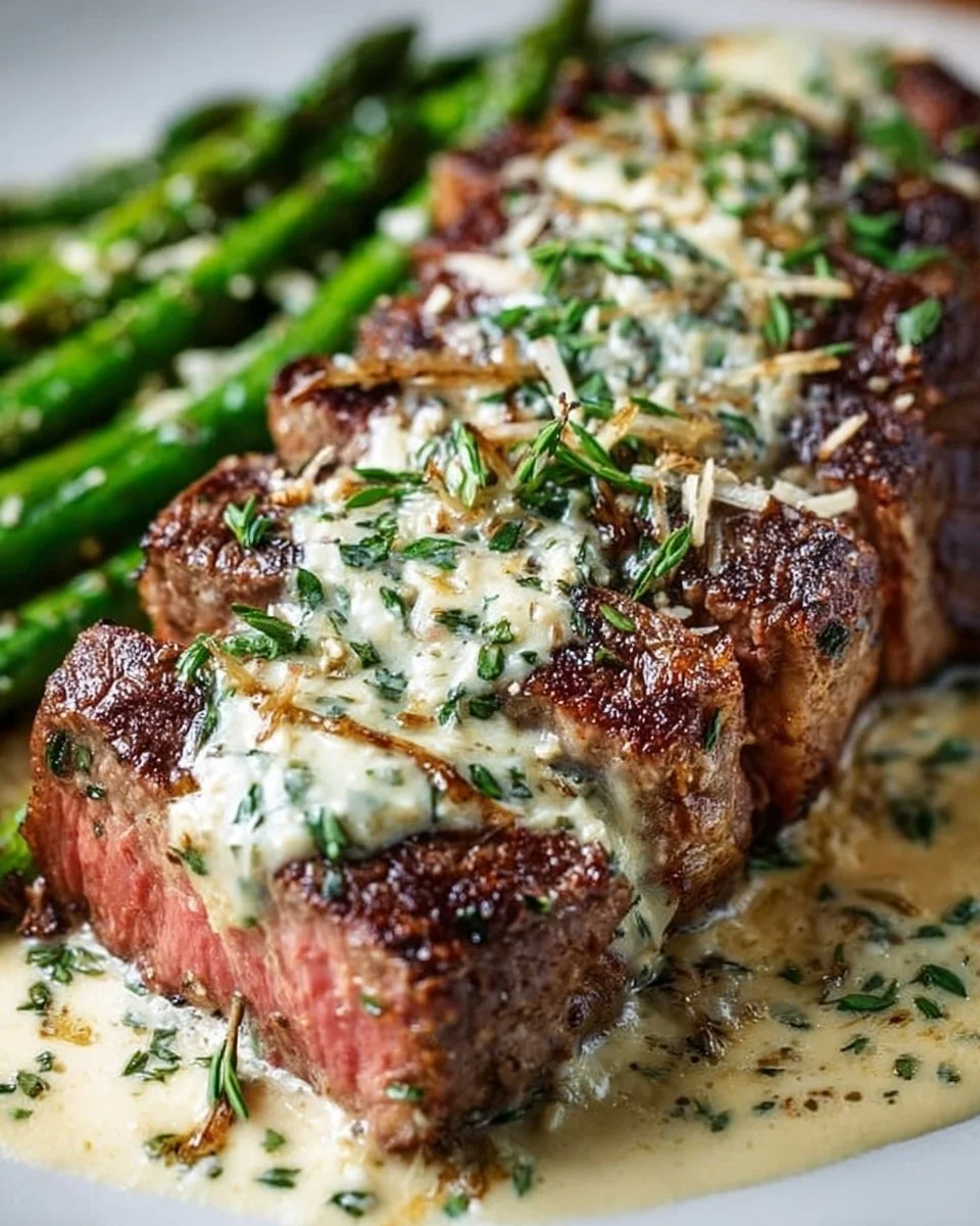 Garlic Butter Steak topped with Parmesan Cream Sauce served on a plate