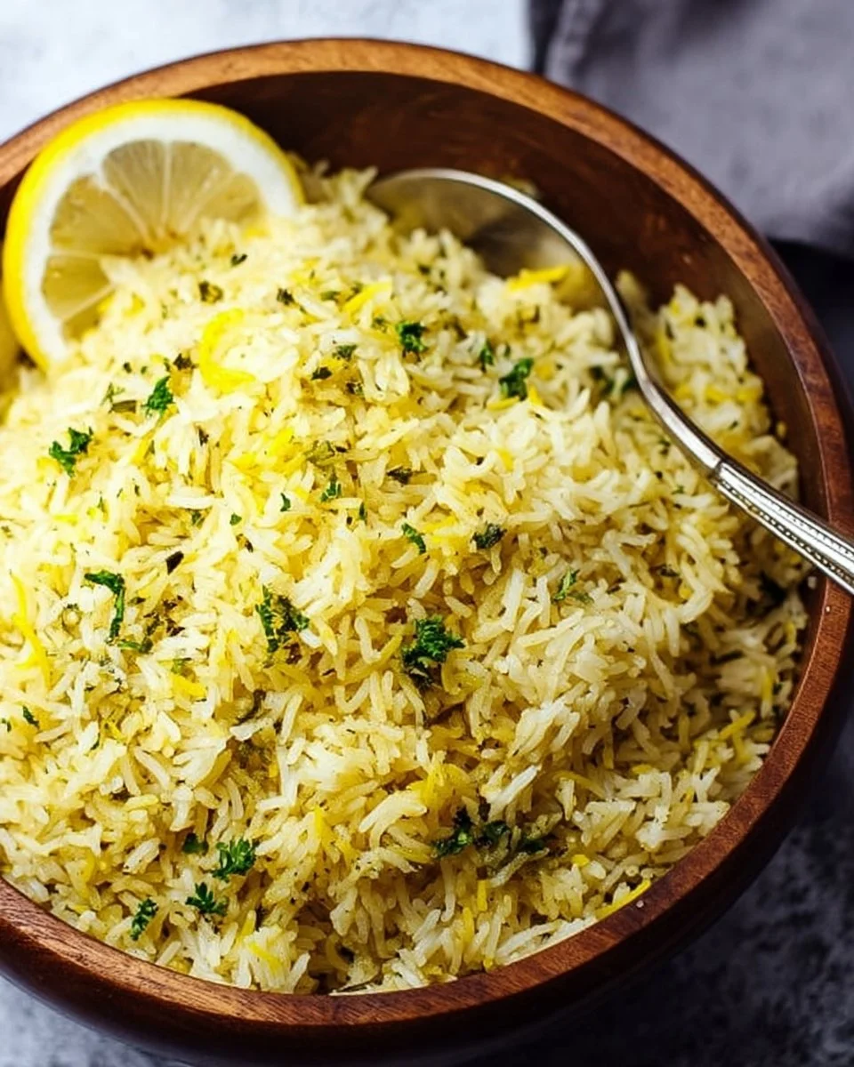 Bowl of Greek Lemon Rice garnished with fresh herbs
