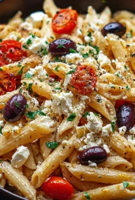 Plate of Greek pasta topped with crumbled feta cheese and herbs