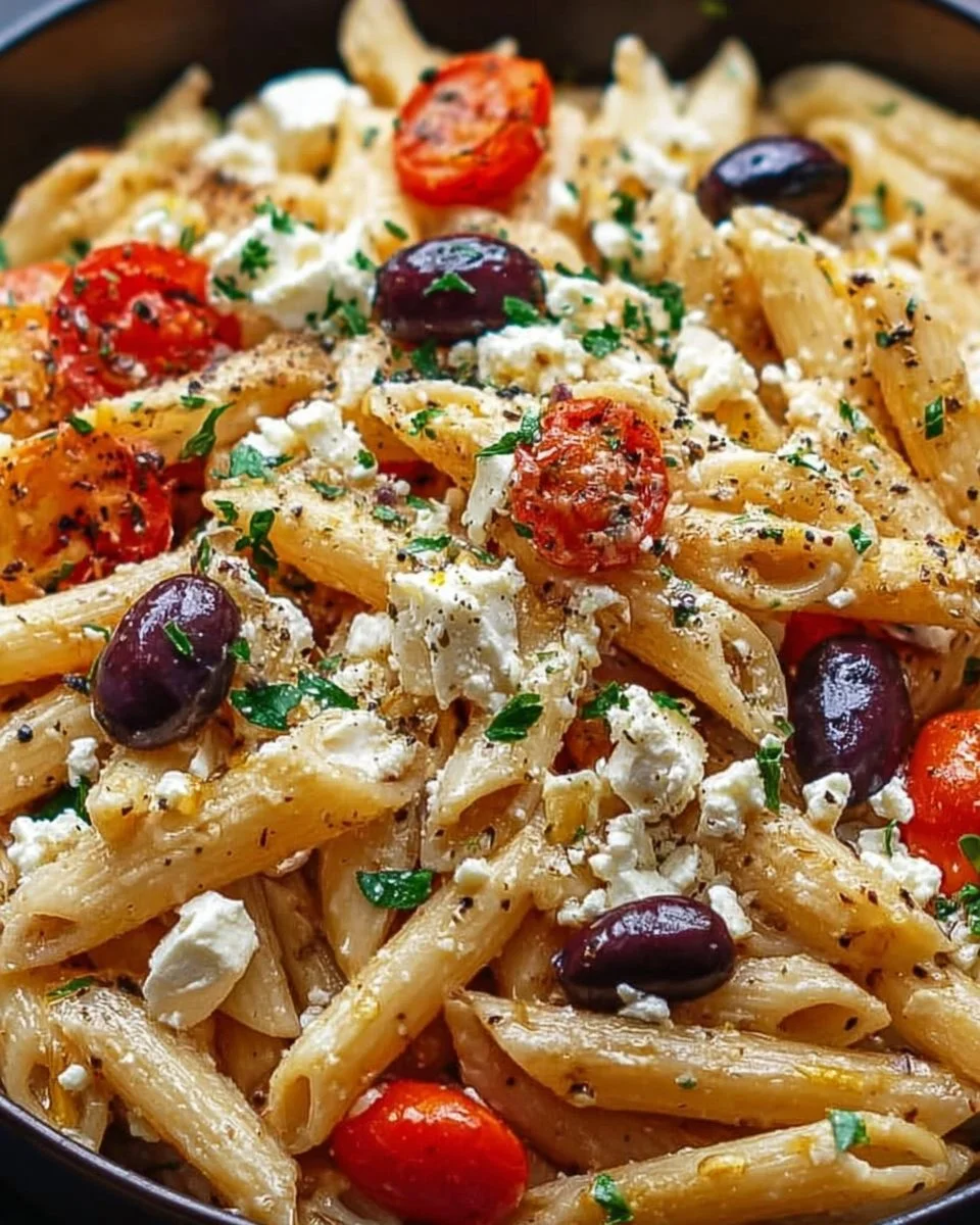 Plate of Greek pasta topped with crumbled feta cheese and herbs