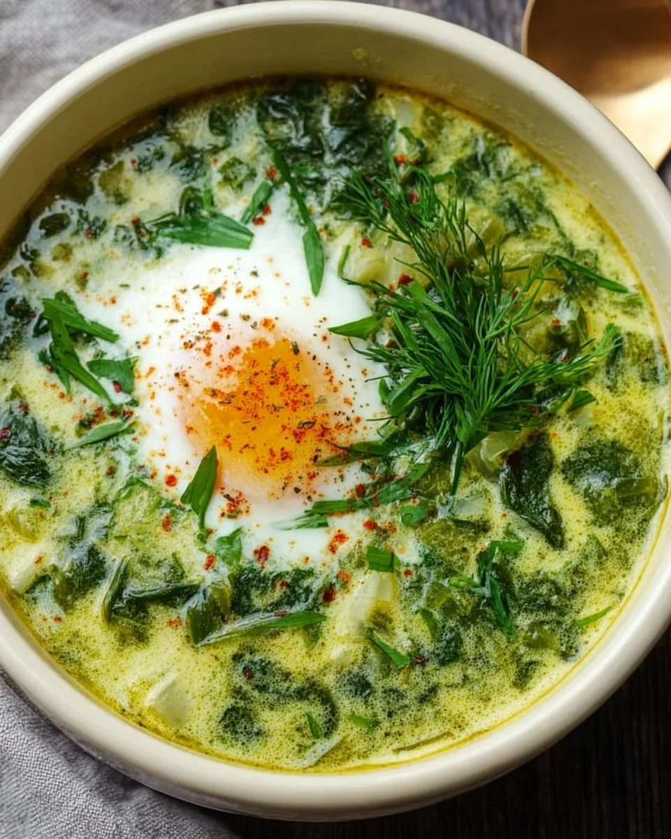 Bowl of Green Borscht, a traditional Ukrainian sorrel and spinach soup with fresh herbs.
