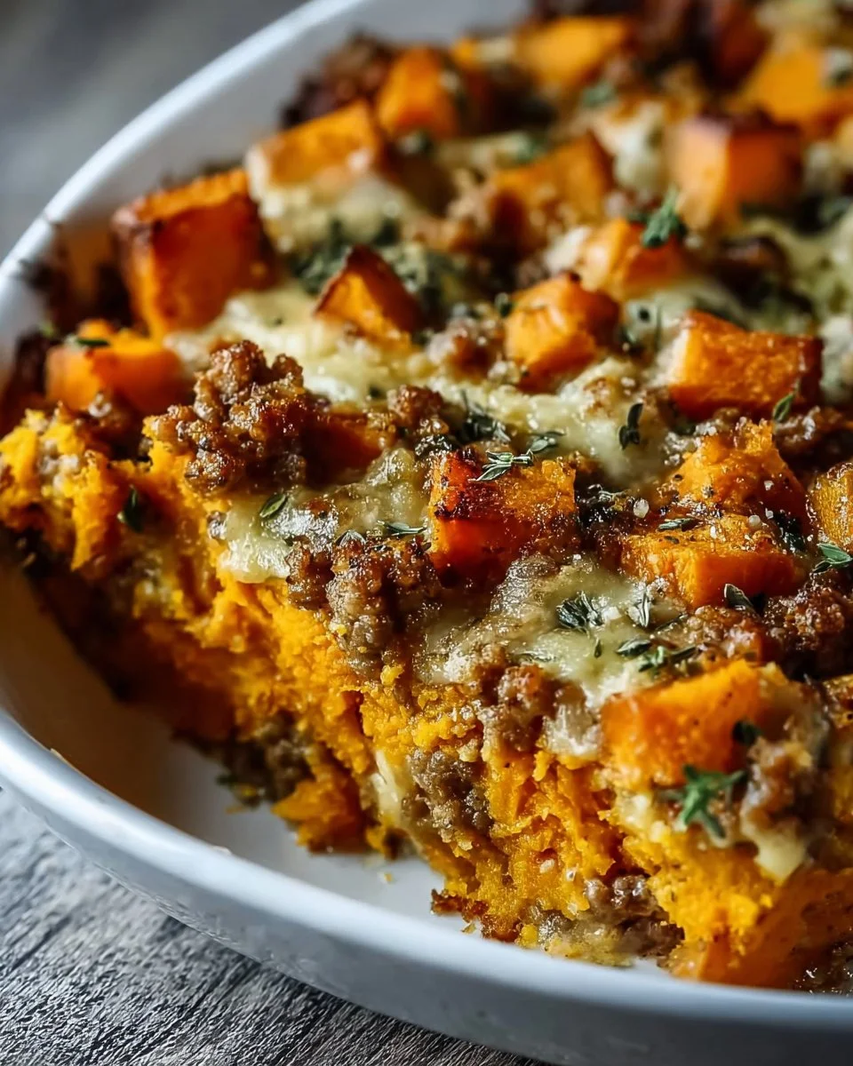 Ground Turkey Sweet Potato Casserole topped with marshmallows and pecans