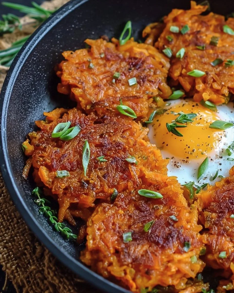 Healthy homemade sweet potato hash browns on a plate with herbs