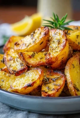 Bowl of homemade crispy Greek lemon potatoes garnished with fresh herbs.