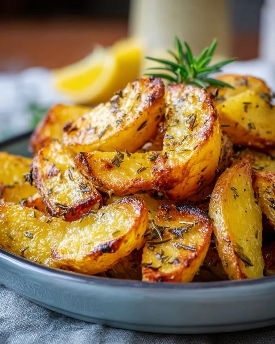 Bowl of homemade crispy Greek lemon potatoes garnished with fresh herbs.