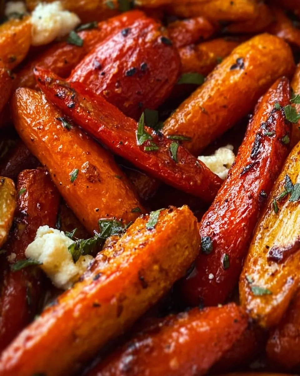 Honey balsamic roasted carrots served on a plate with herbs and spices