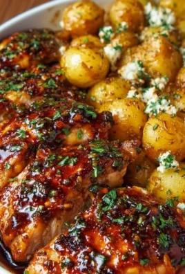 Honey BBQ chicken served with garlic parmesan potatoes on a plate.