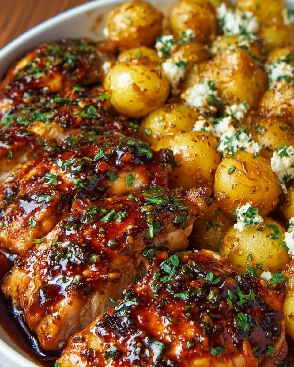 Honey BBQ chicken served with garlic parmesan potatoes on a plate.