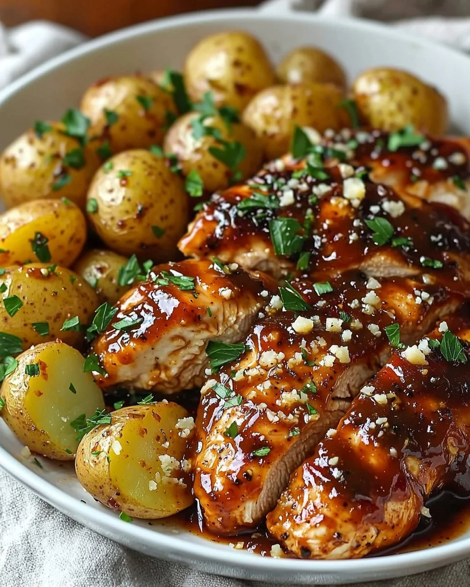 Honey BBQ Chicken served with garlic parmesan potatoes