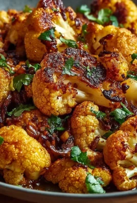 Honey curry roasted cauliflower served in a bowl with herbs.