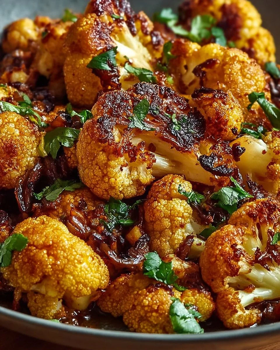 Honey curry roasted cauliflower served in a bowl with herbs.