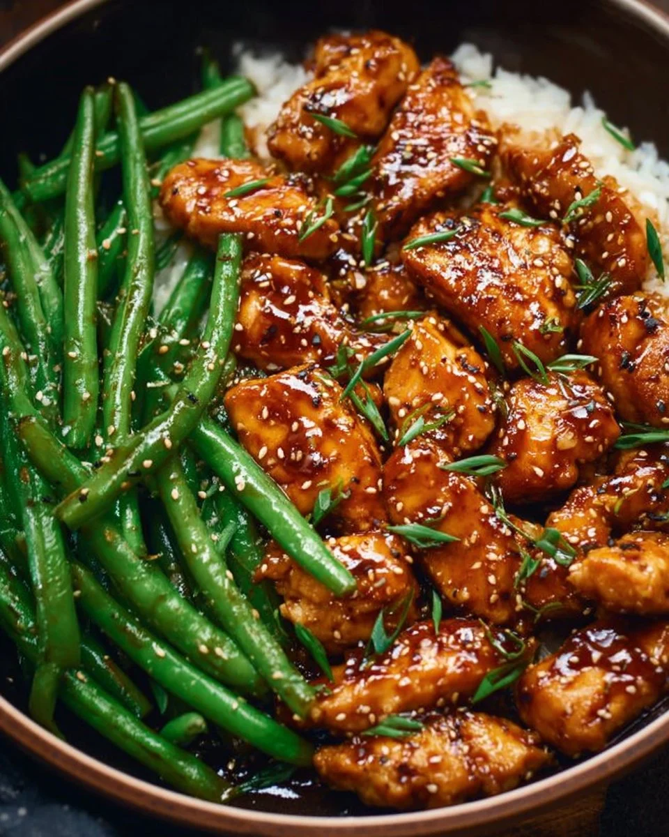 Honey Garlic Chicken served with fresh green beans
