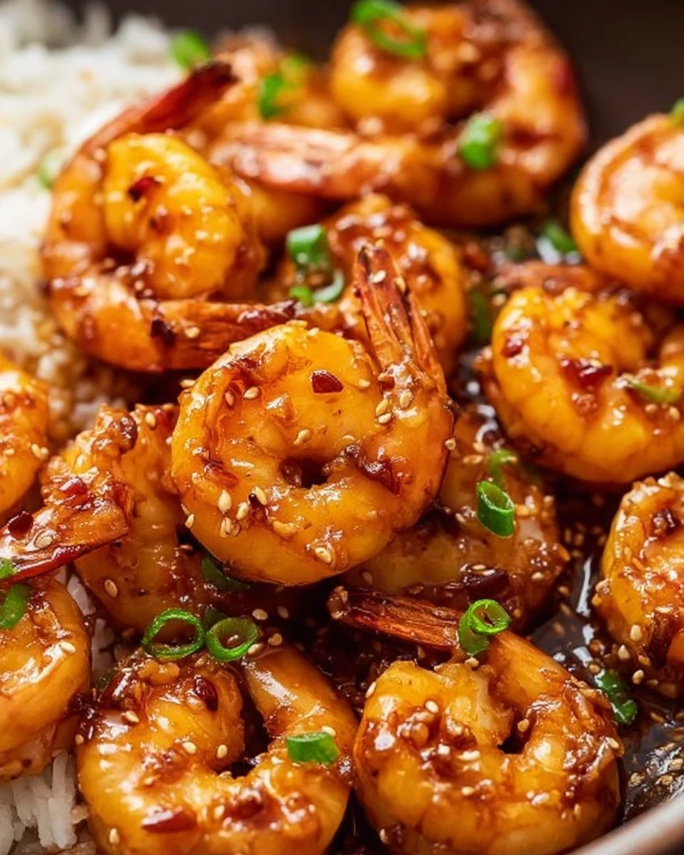 Plate of Honey Garlic Shrimp with fresh herbs and rice
