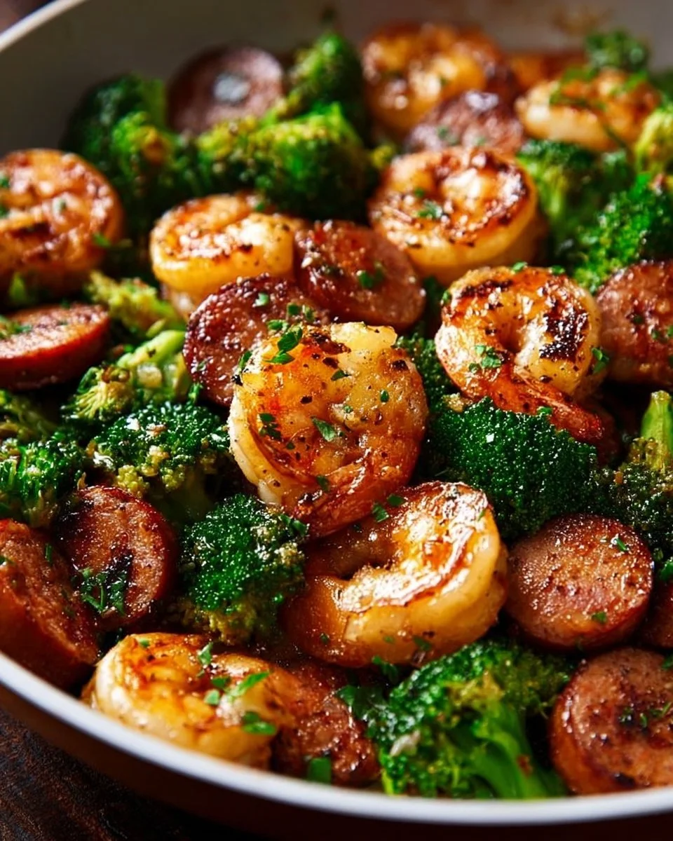 Honey Garlic Shrimps with Sausage and Broccoli dish served in a bowl