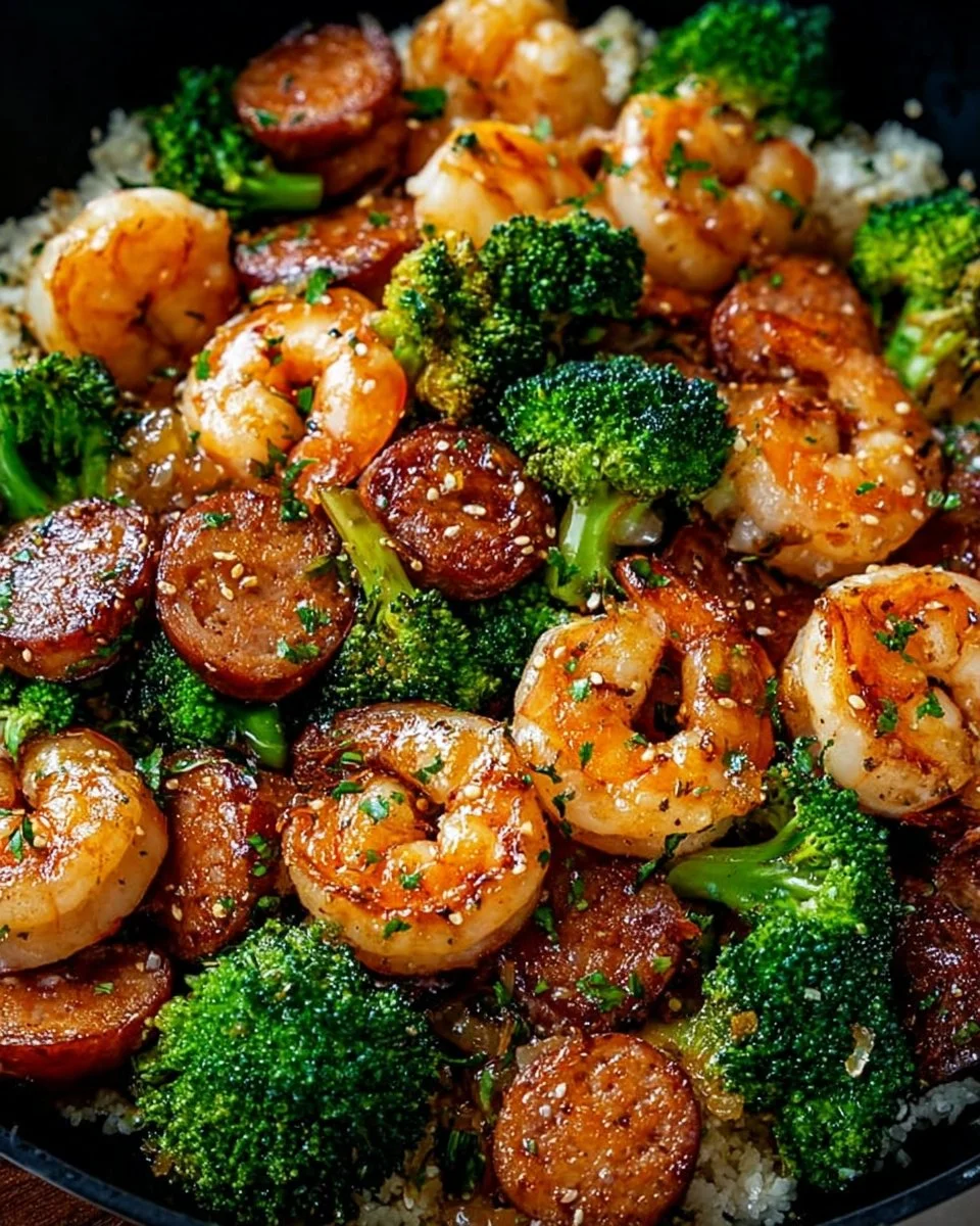 Honey Garlic Shrimps with Sausage and Broccoli