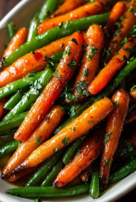 Honey glazed carrots served with green beans in a stylish dish