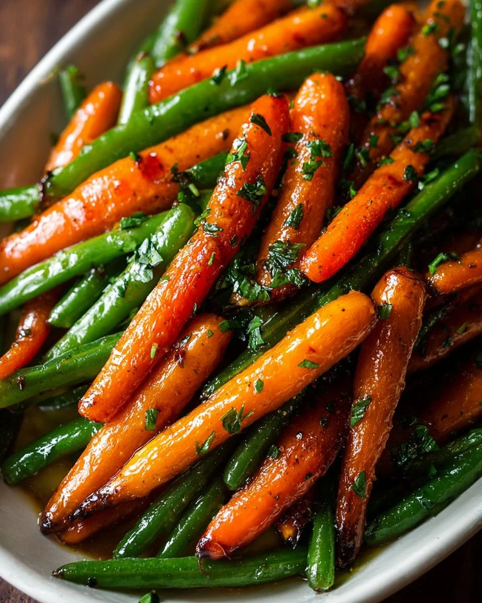 Honey glazed carrots served with green beans in a stylish dish