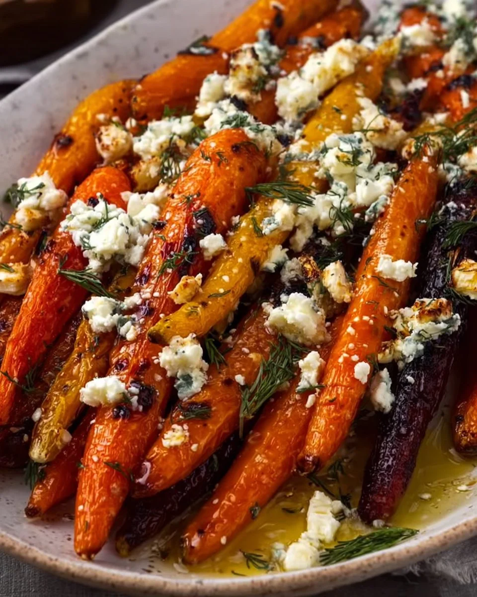 Plate of honey roasted carrots topped with feta cheese