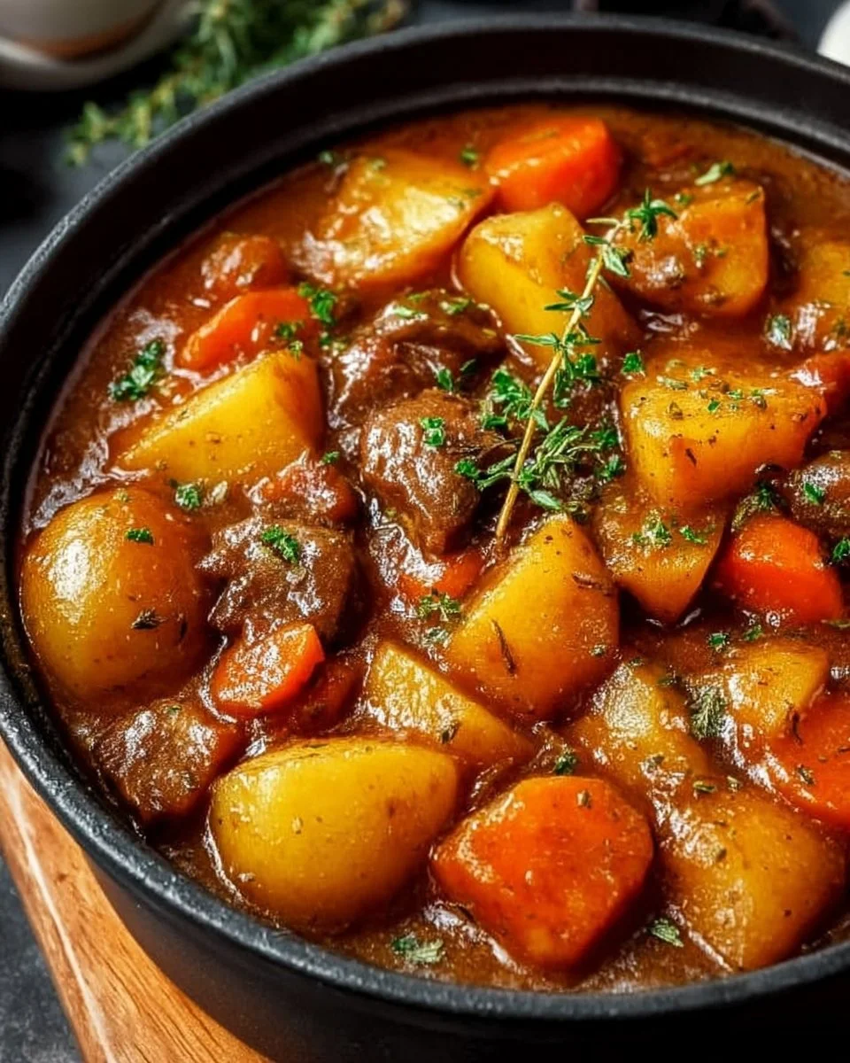 Bowl of Irish vegetarian stew with fresh vegetables and herbs