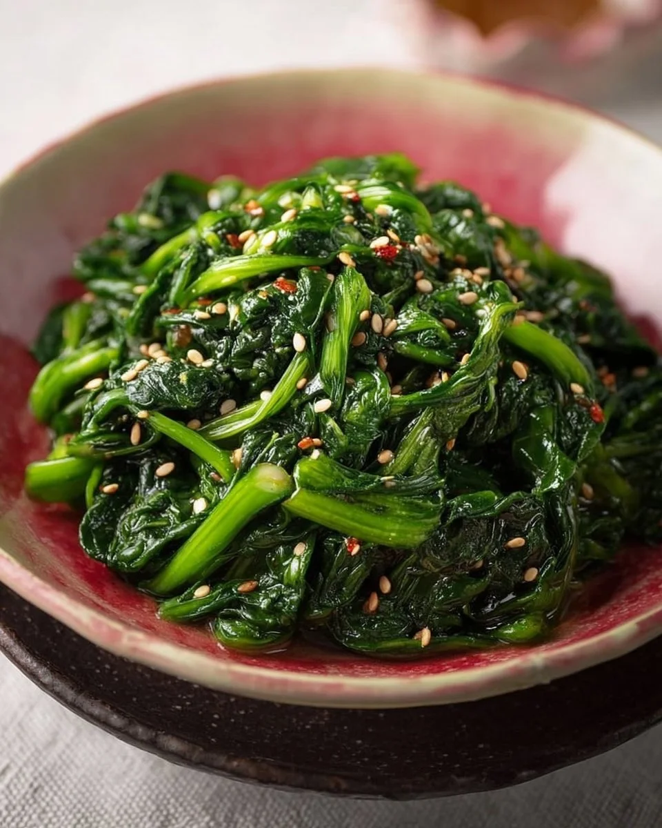 Delicious Korean spinach side dish Sigeumchi Namul served in a bowl