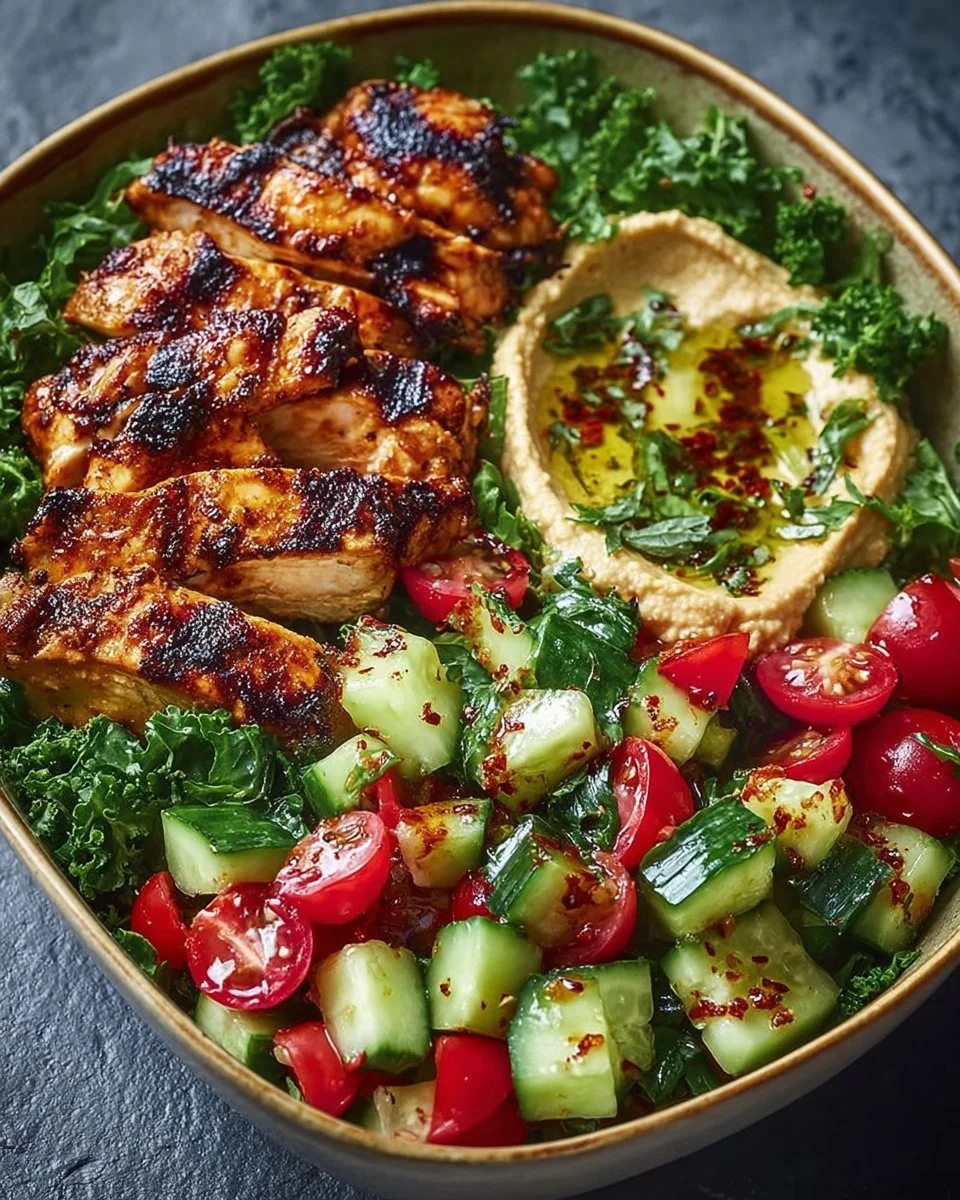 Lemon Chili Grilled Chicken Bowls with cucumber salad and hummus.