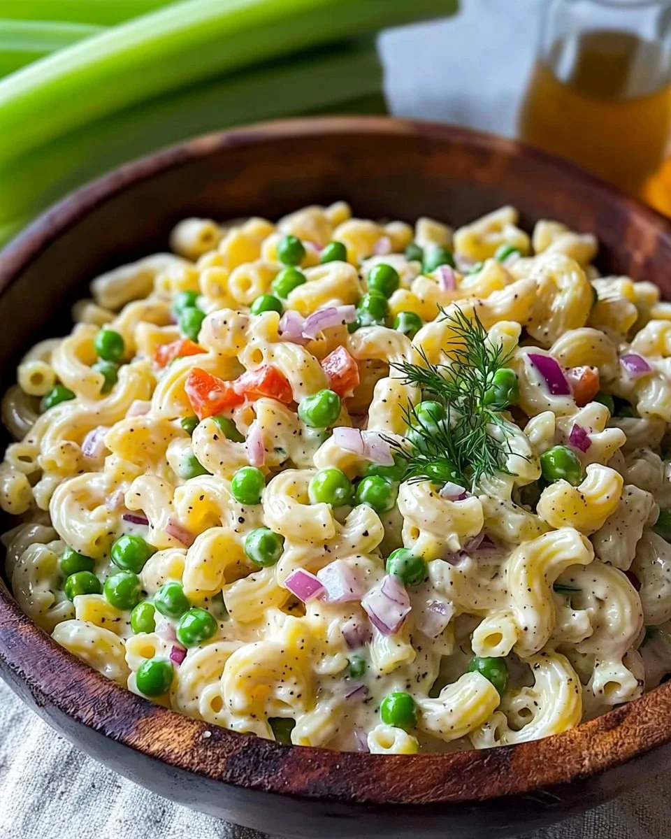 Fresh macaroni salad recipe without mayo, ideal for summer picnics and parties.