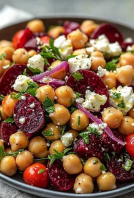 A colorful Mediterranean chickpea salad with fresh vegetables and herbs.