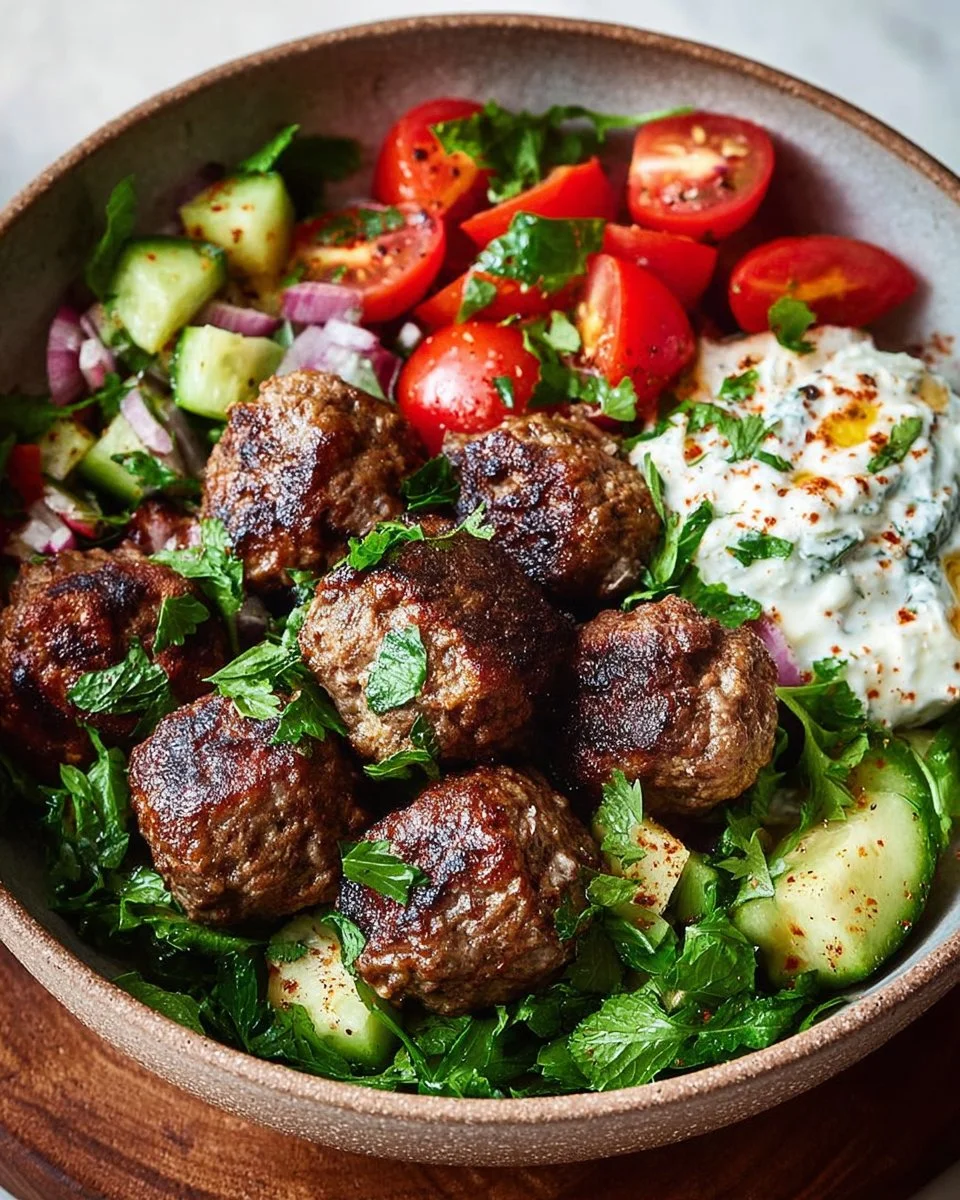 Delicious Mediterranean Meatballs Bowl with fresh ingredients and herbs