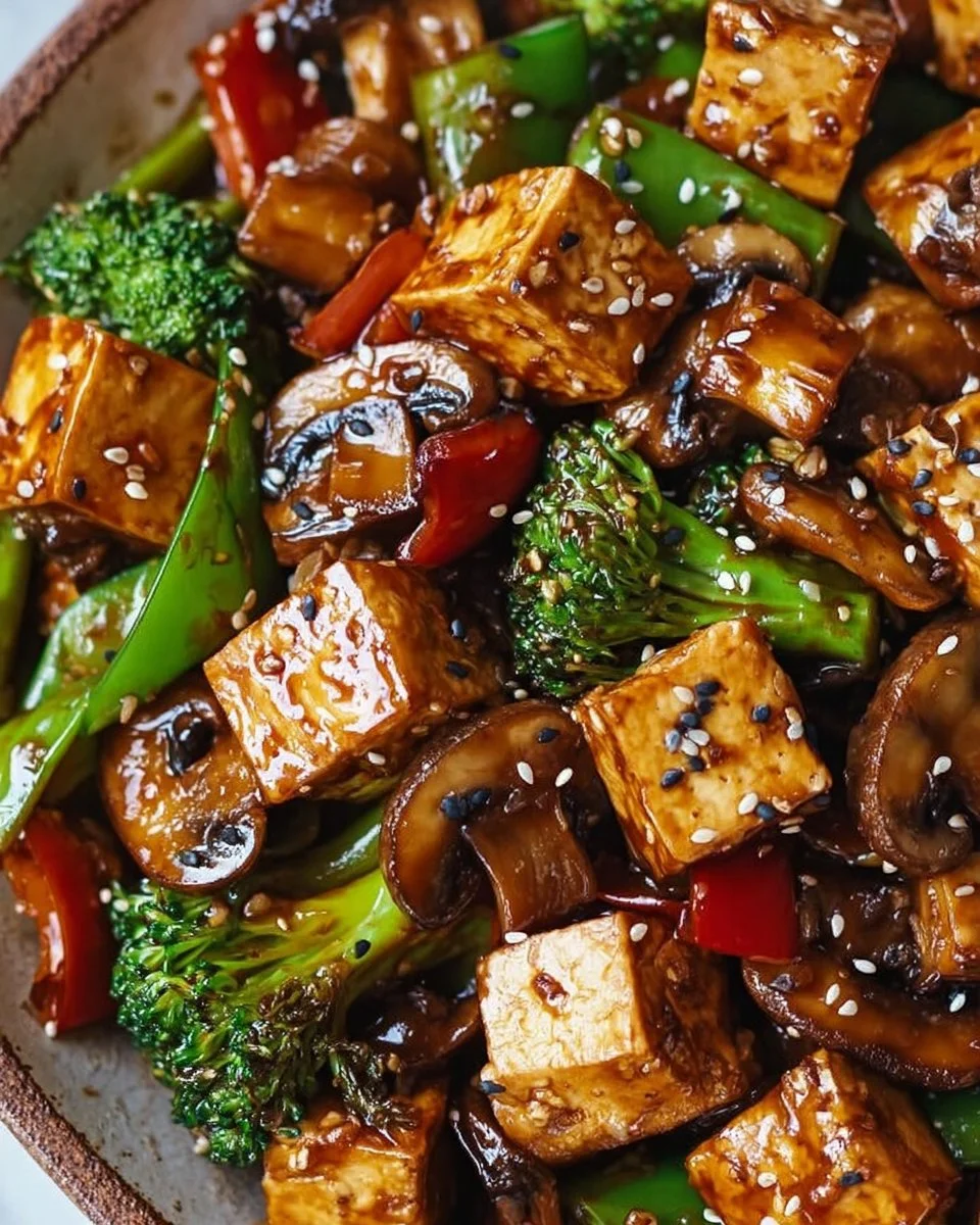 Delicious Mushroom and Tofu Stir-Fry on a plate with colorful vegetables