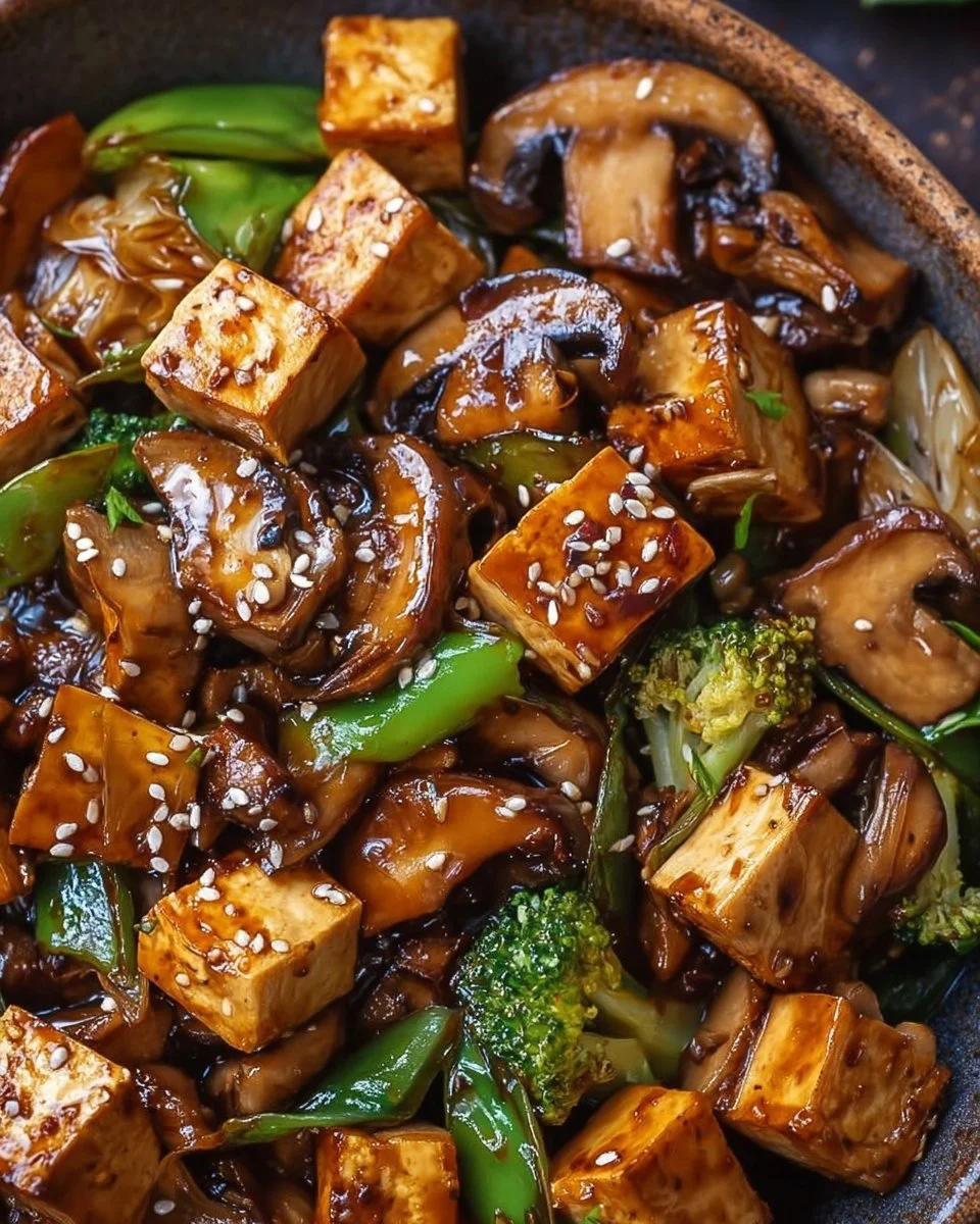 Delicious Mushroom Tofu Stir-Fry served in a colorful bowl with fresh vegetables.