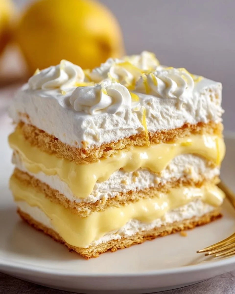 No-Bake Lemon Éclair Cake with whipped cream and lemon garnish
