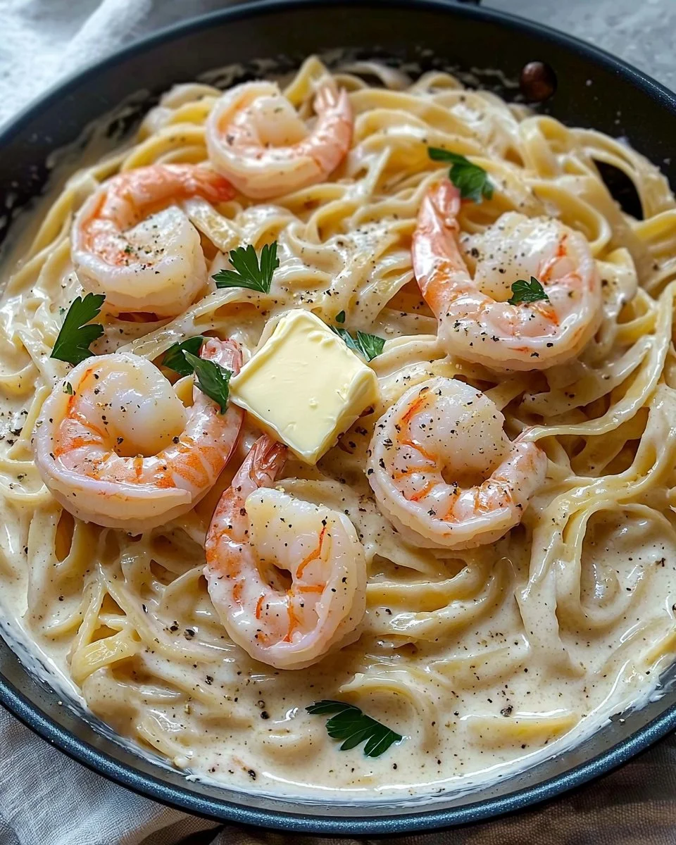 One Pan Shrimp Fettuccine Alfredo served with parsley garnish