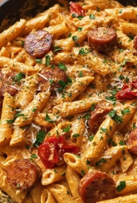 Creamy Spicy Cajun Sausage Pasta in a bowl topped with herbs