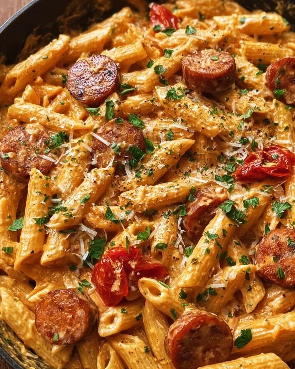Creamy Spicy Cajun Sausage Pasta in a bowl topped with herbs
