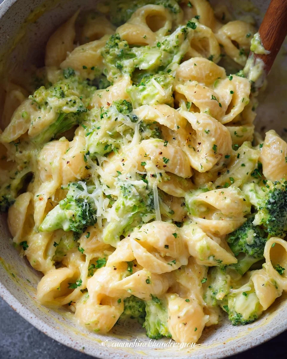 One Pot Healthy Broccoli Mac and Cheese with fresh broccoli and creamy cheese sauce