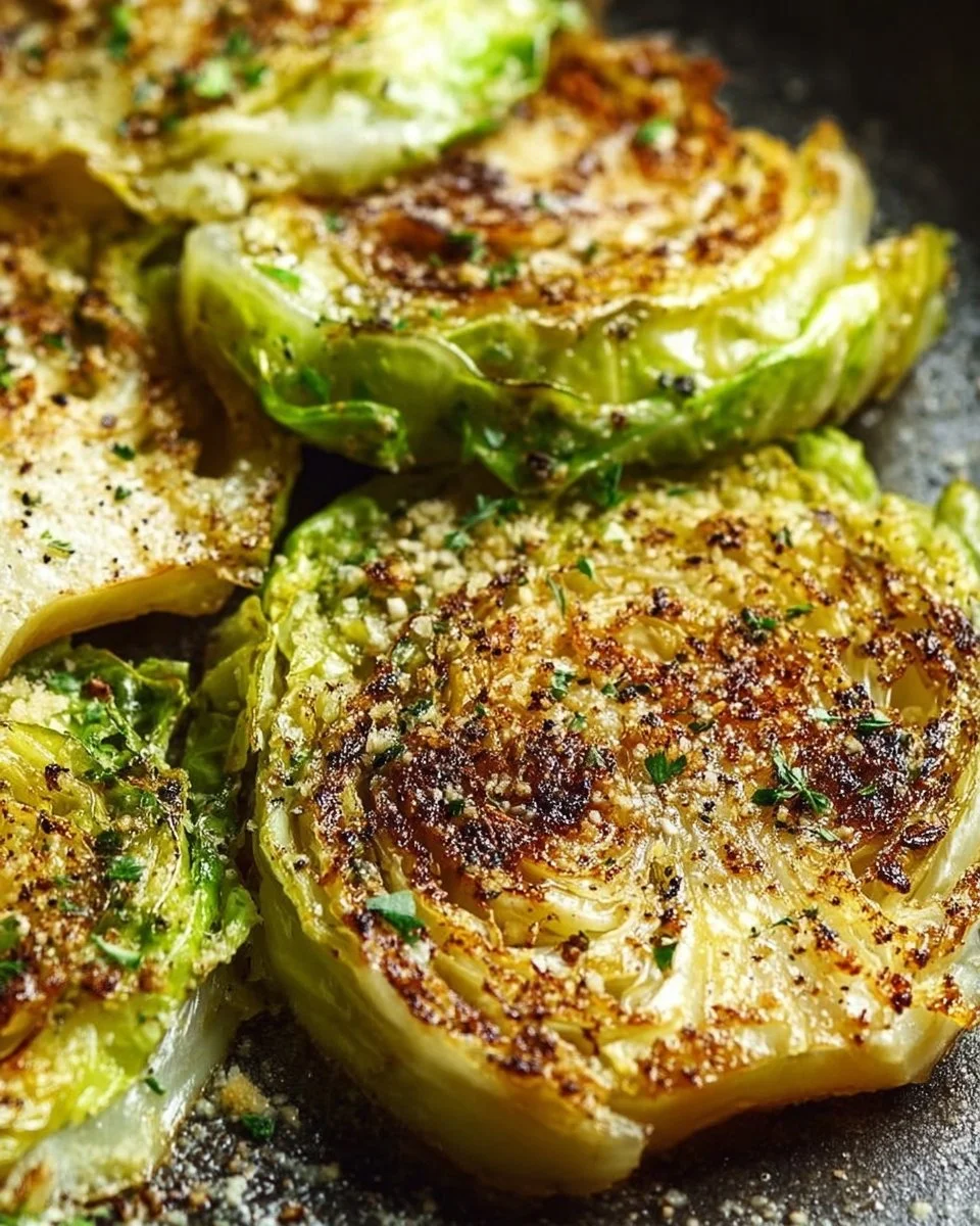 Golden-brown Parmesan cabbage steaks garnished with herbs